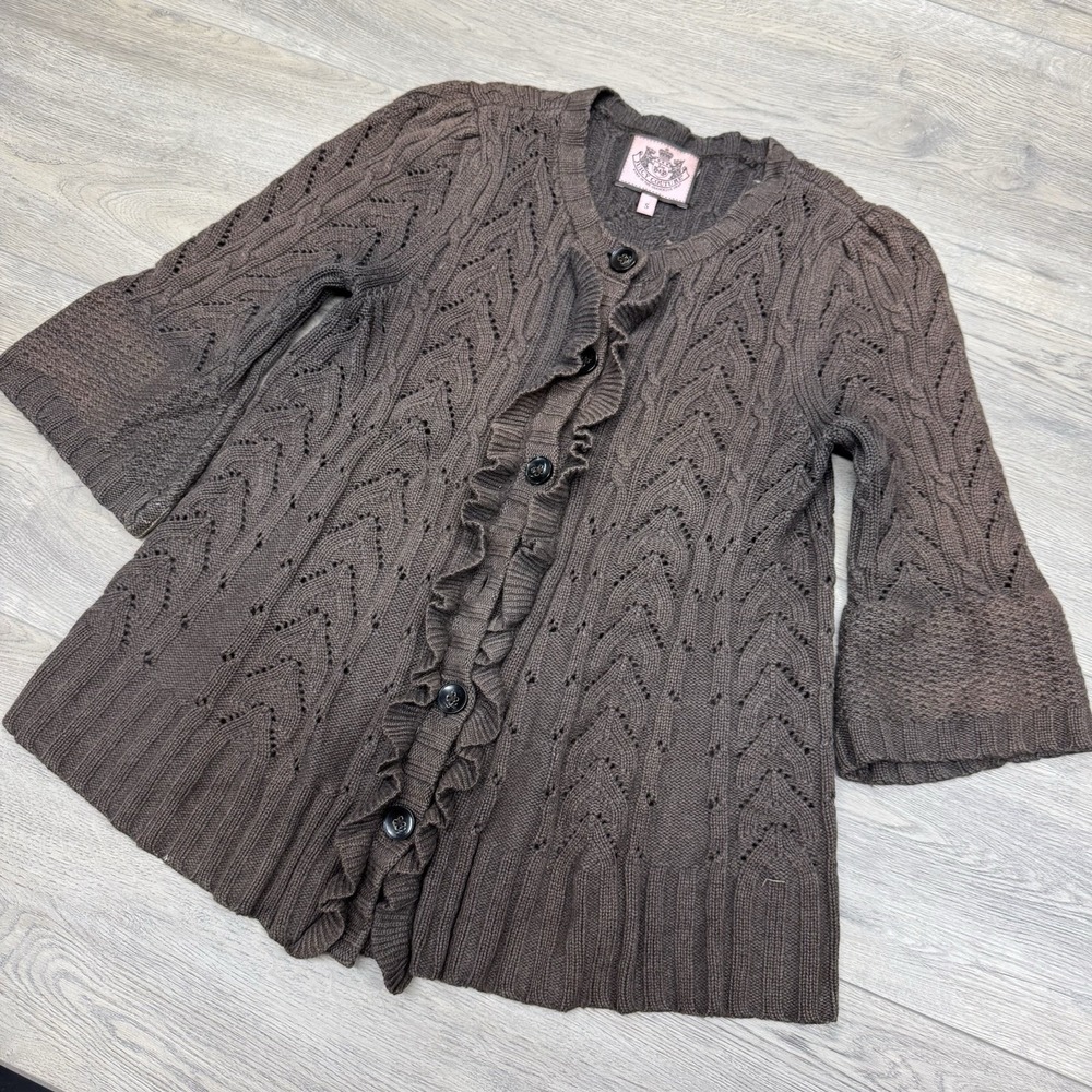 Y2K Juicy Couture Faded Distressed Brown Cardigan Sweater Sz S Grunge Punk Cute